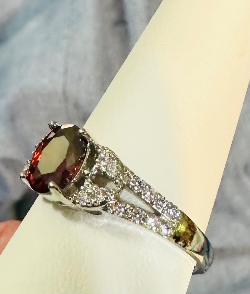 Elegant Garnet CZ Ring on Silver Plated Band Size 8-3/4