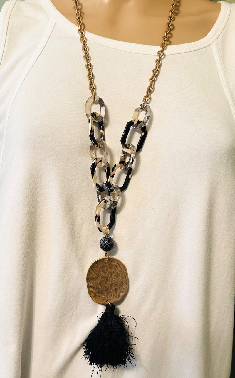 Bold Contemporary Long  Necklace with Clear and Black Beads