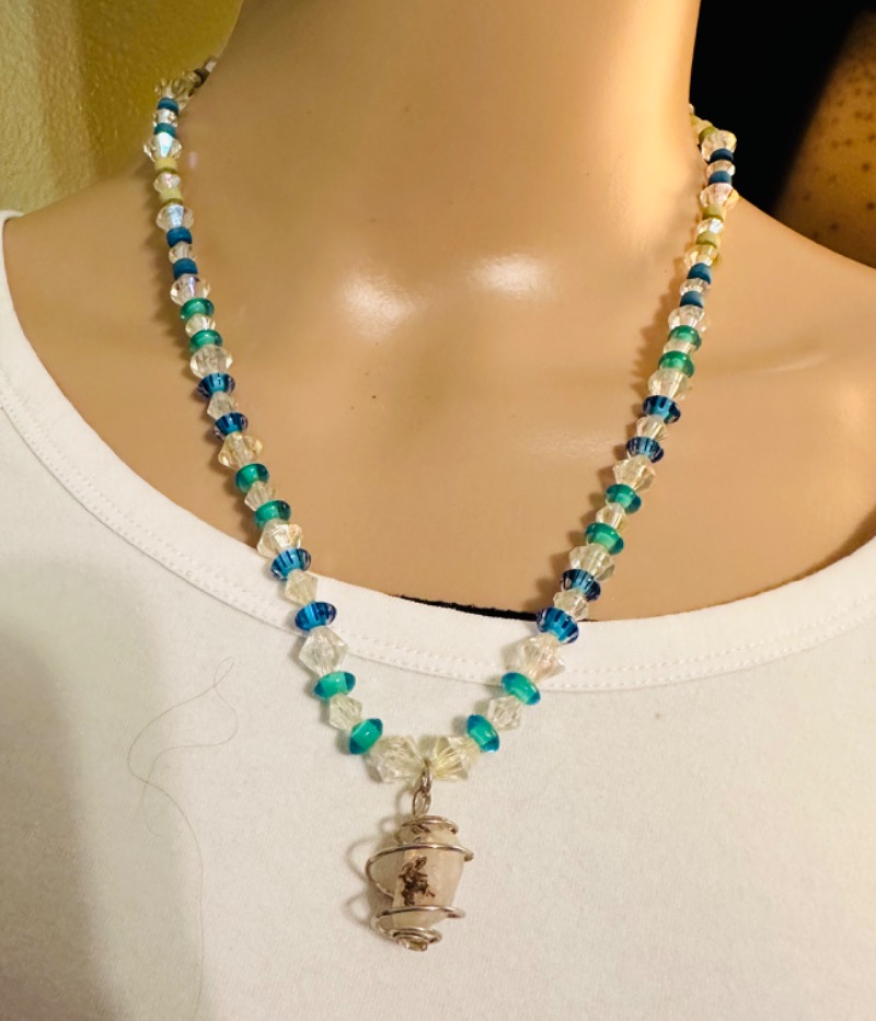 Handcrafted Beaded Necklace with Wire Wrapped Stone Pendant