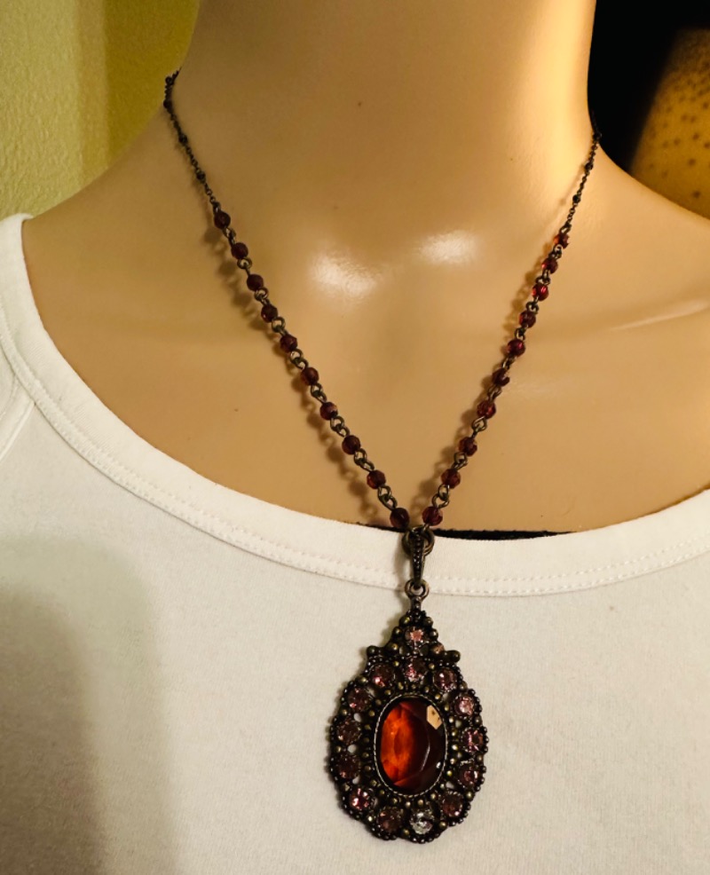 Vintage Pendant Necklace with Amber Oval Stone and Gemstones
