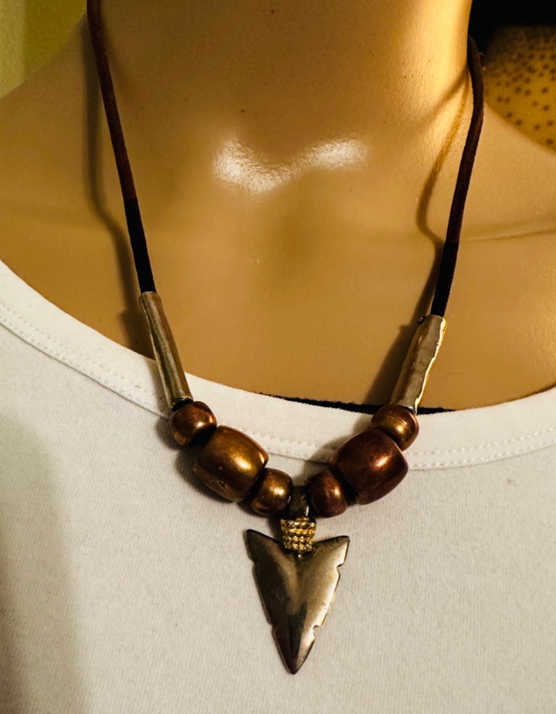 Rustic Silver Arrowhead Pendant Necklace with Metallic Beads and Gold Accents