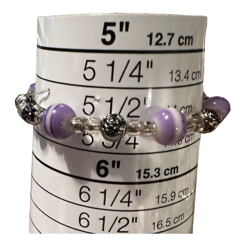 Beaded Bracelet 5 1/4" Lilac-Purple Clear Beads Silver Floral Accents
