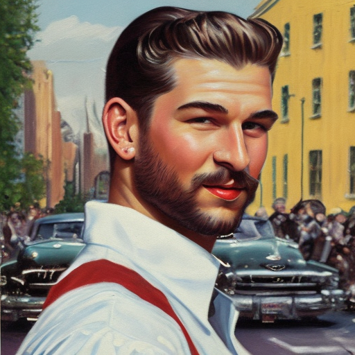 Paint an oil portrait of @me in a 1950s style, capturing the essence of unisex fashion and style of the era.
