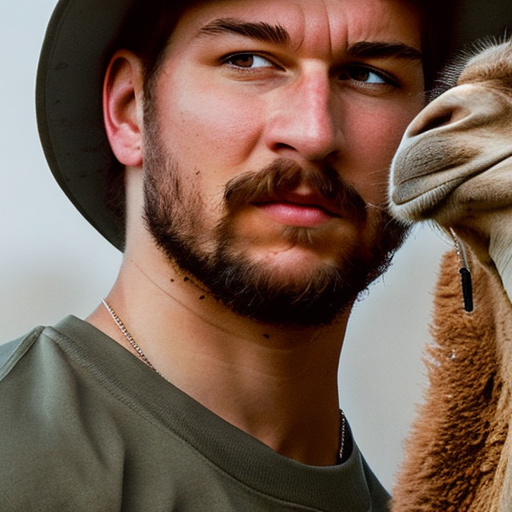 close-up of @me with a determined expression, with a camel in the background in a Sahara style.