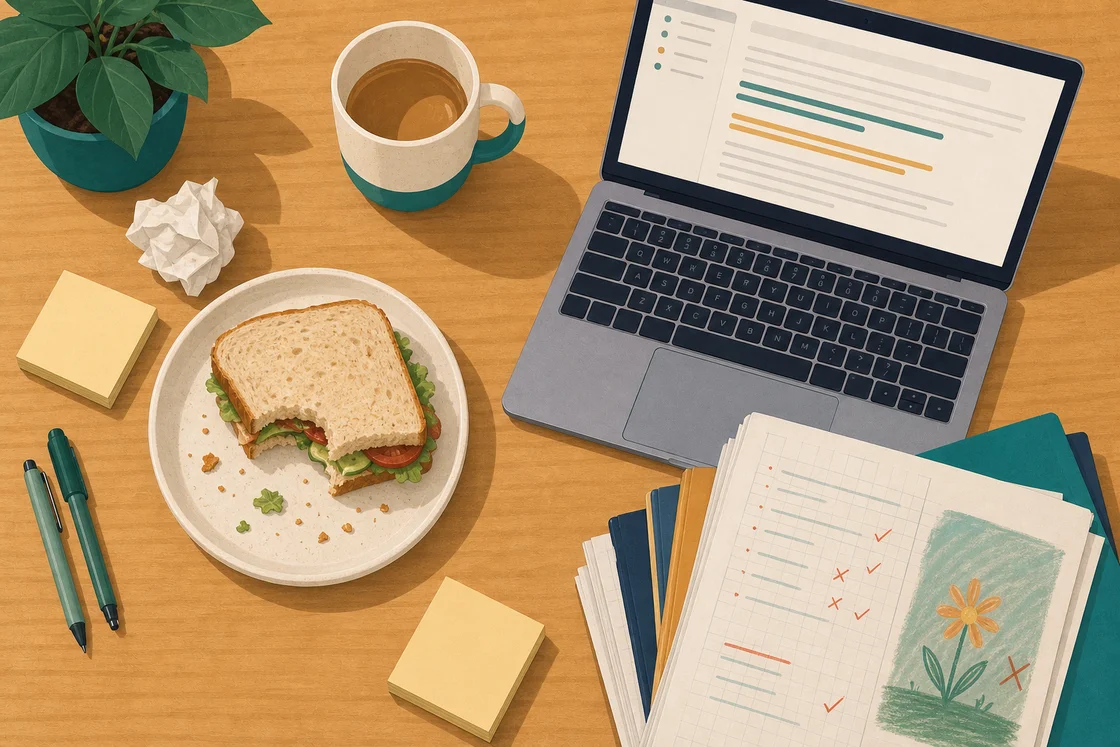 Teacher's staff room table with laptop showing report comments, sandwich, coffee, and books.