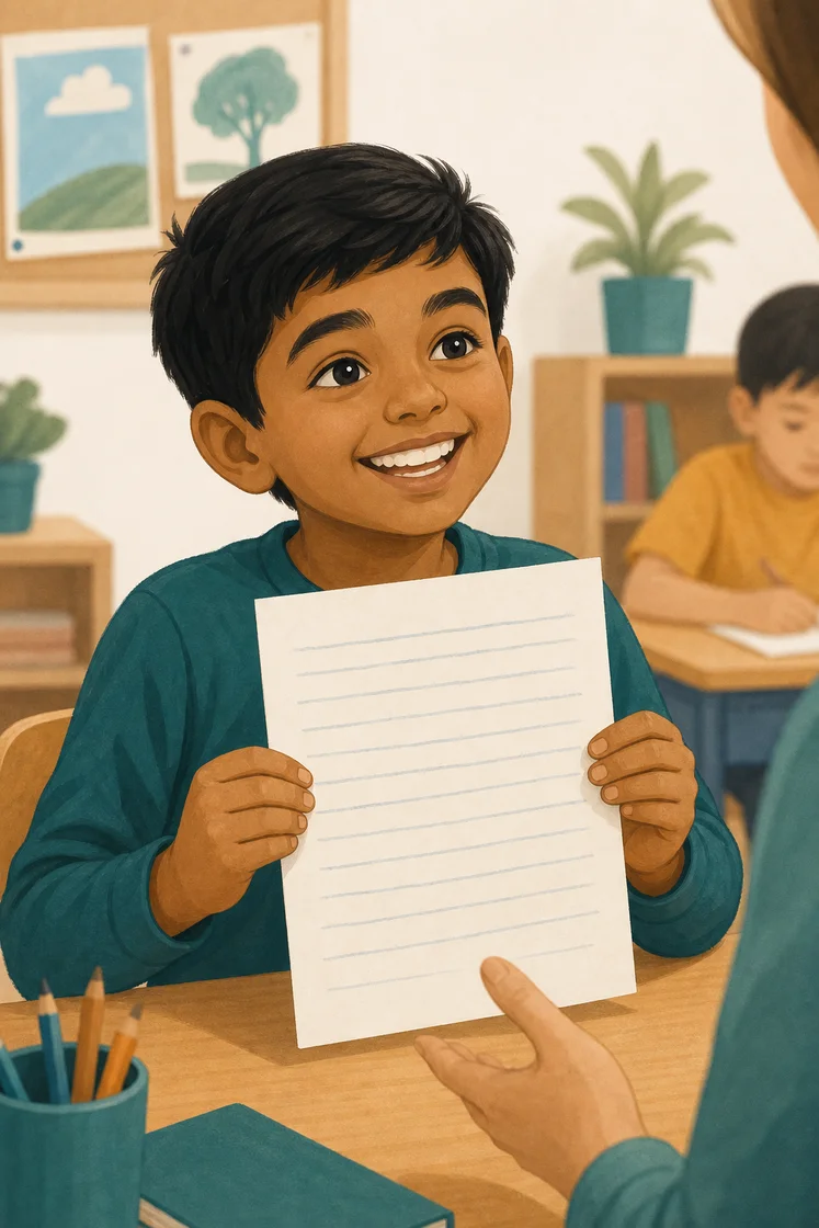 Young boy proudly showing his written work to a teacher in a classroom.