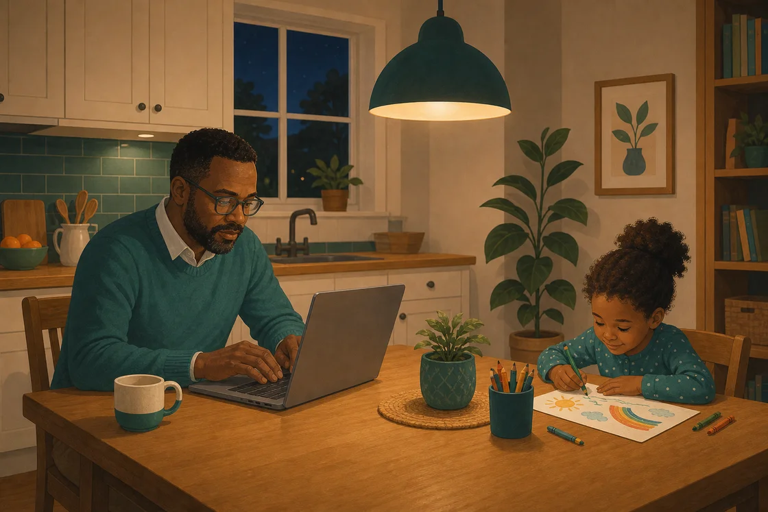 Teacher working on a laptop at a kitchen table while his child draws nearby.