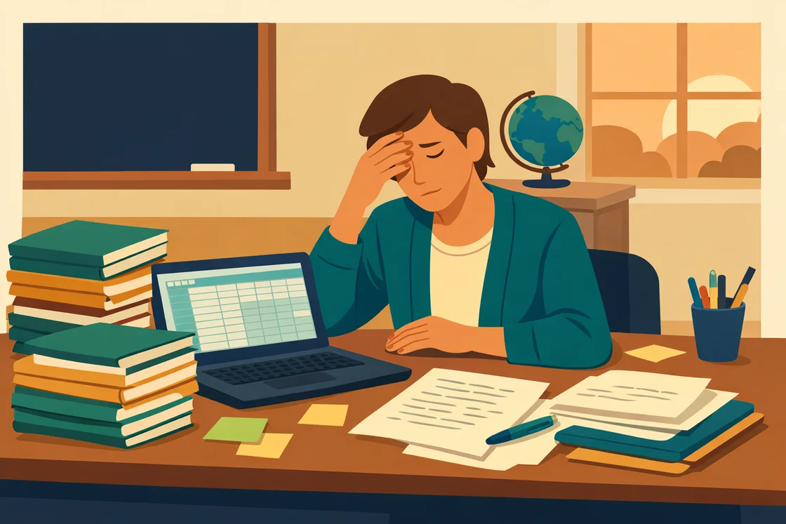 Teacher at messy desk after school, surrounded by student work and spreadsheets, looking exhausted