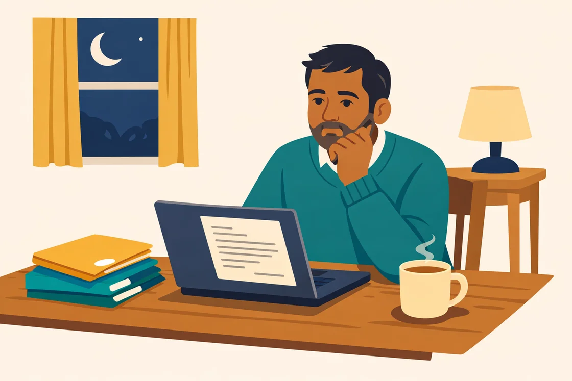 Teacher at home, writing student reports on laptop with folders and tea on the table