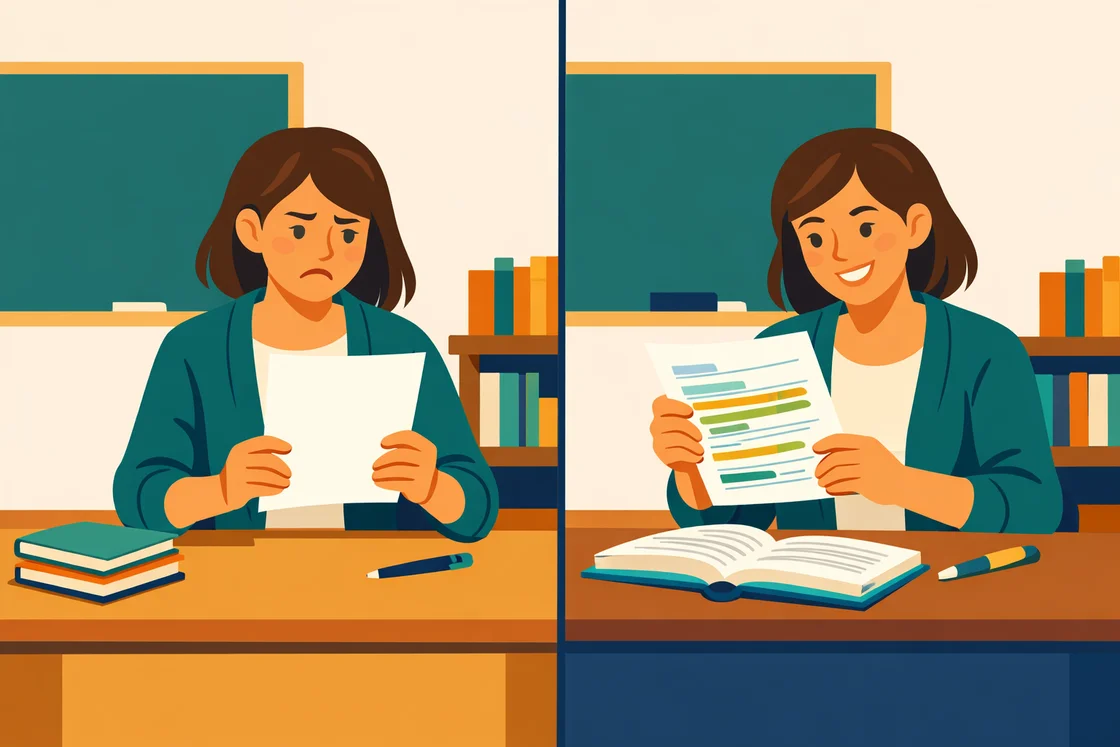 Split scene of teacher frustrated with blank report, then happy reviewing detailed student comment