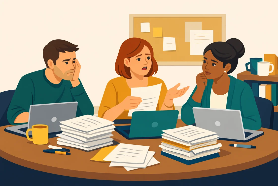 Teachers in a staffroom discussing student reports, appearing frustrated.