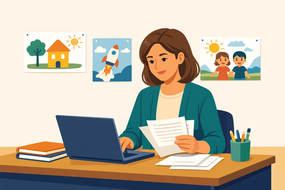 Teacher happily reviewing student reports on a laptop in a classroom.