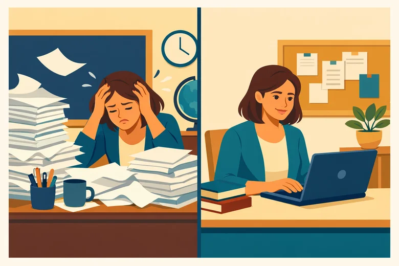 Before and after AI: teacher stressed versus relaxed using AI tool