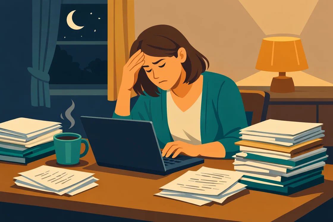 Teacher at dining table at night, frustrated while typing student reports