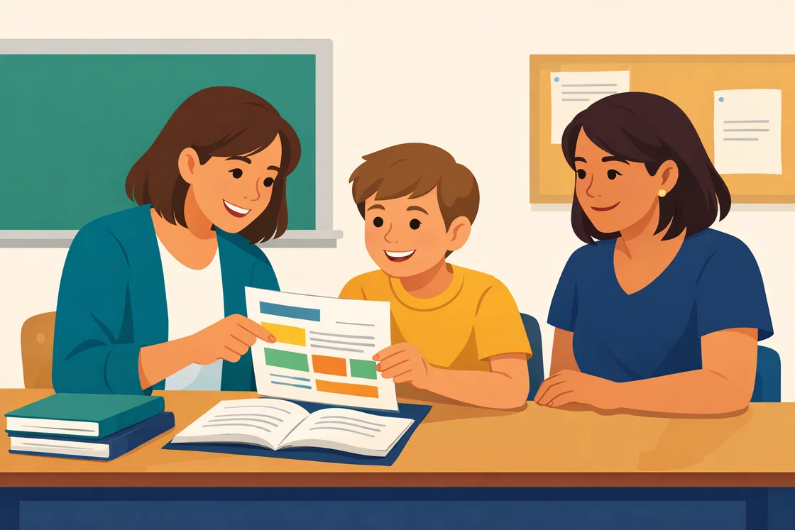 Teacher, student, and parent reviewing a support plan together in a classroom