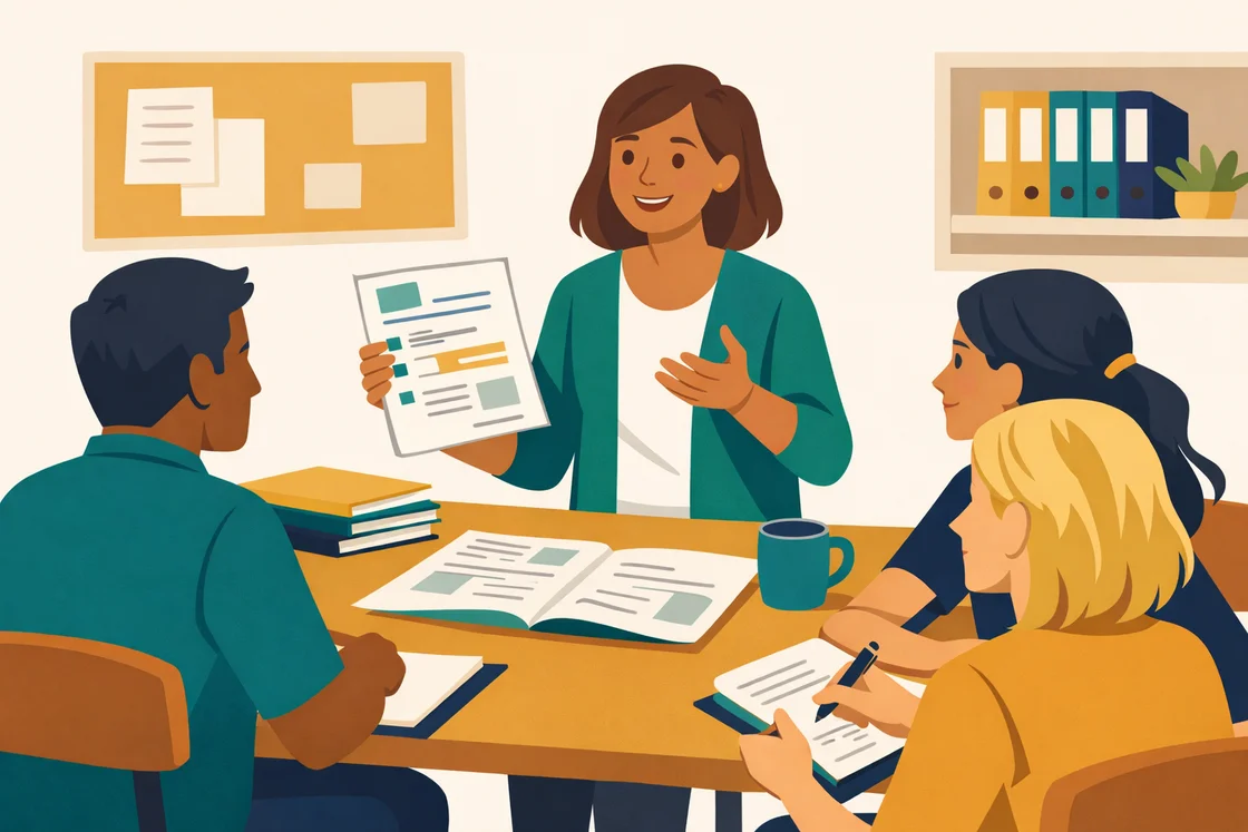 Teachers in a staffroom listening to a SENCO explain SEND reforms