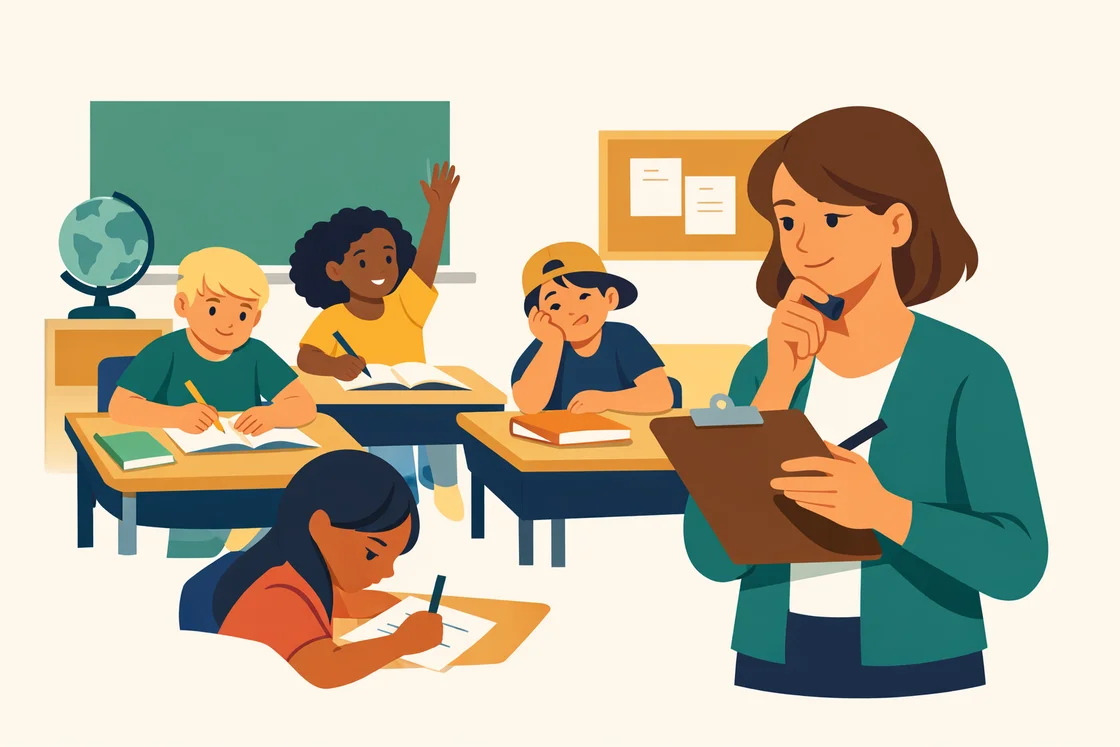 Teacher watching students in class and taking notes for reports