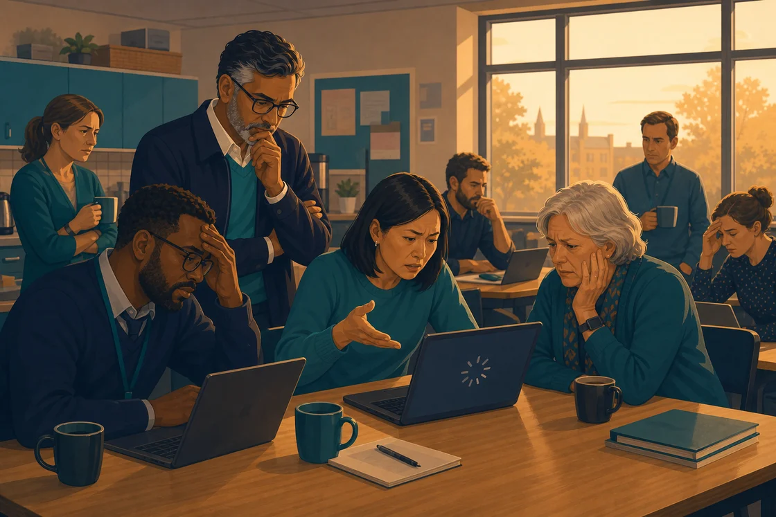Teachers in a staffroom reacting to Wi-Fi problems during report writing week.