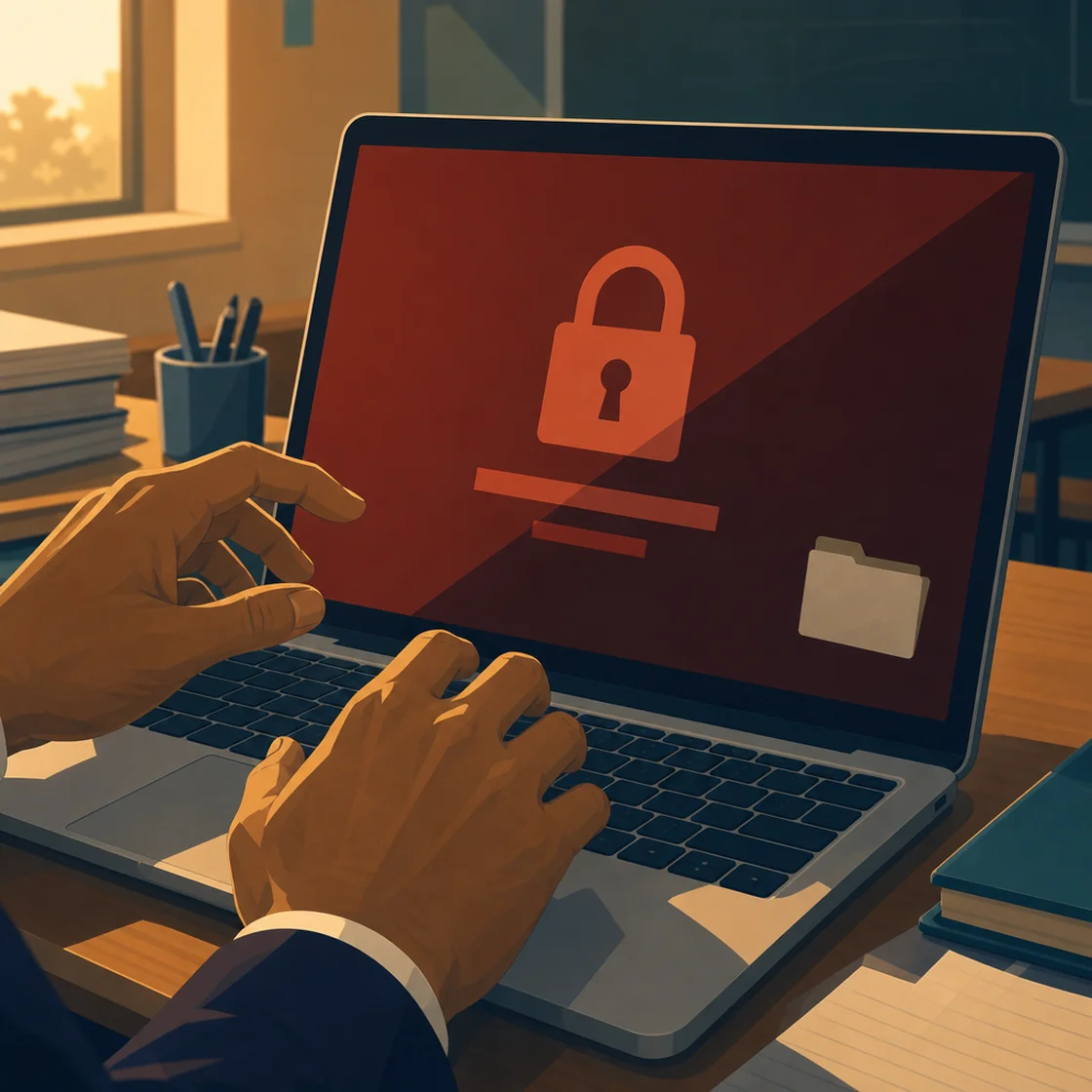 Close-up of hands at a laptop showing a ransomware lockout message.