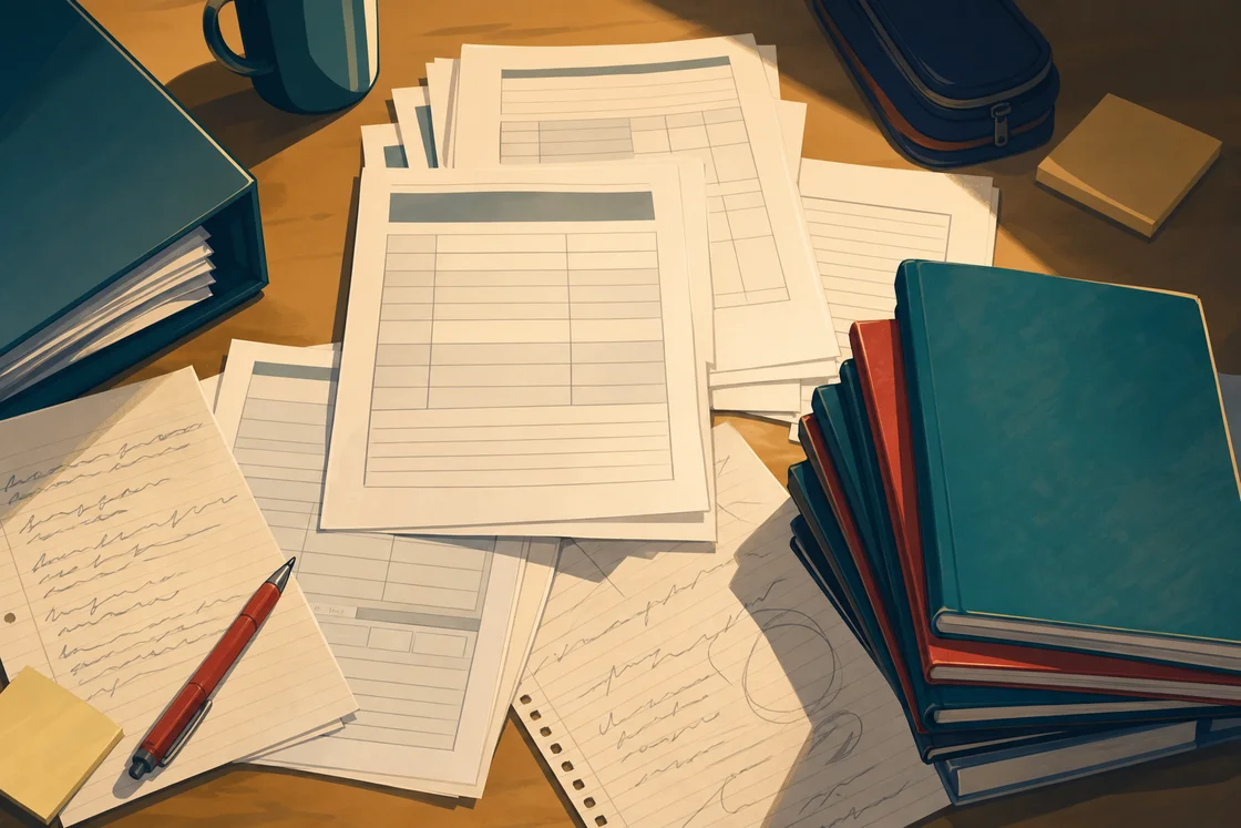 Overhead view of a desk with report templates, notes, and student books.
