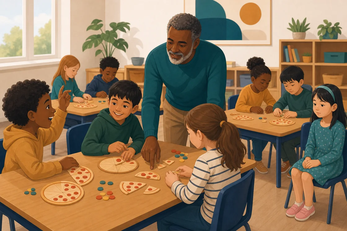 Classroom with teacher moving among students during a hands-on maths activity, some engaged, one child withdrawn.