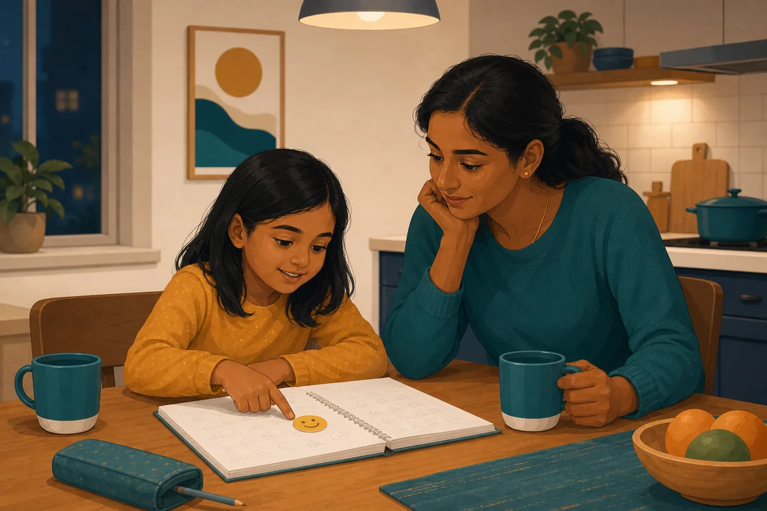 Parent and child at kitchen table looking at a maths workbook and sticker, sharing a quiet moment.