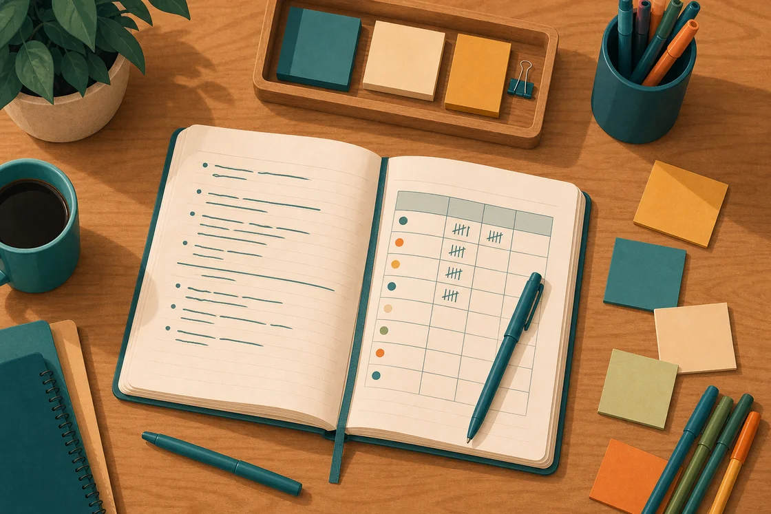 Teacher's desk with open notebook, tally chart, sticky notes, and pens arranged for lesson observations.