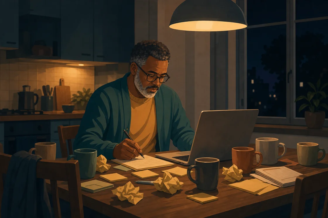 Teacher at kitchen table late at night writing reports, surrounded by mugs and sticky notes.