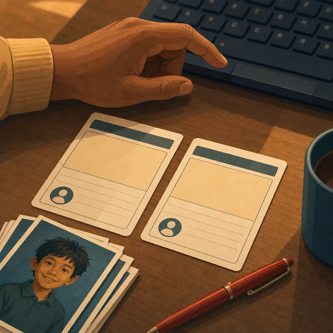 Close-up of teacher's hand hesitating over similar report comment cards and student photos.