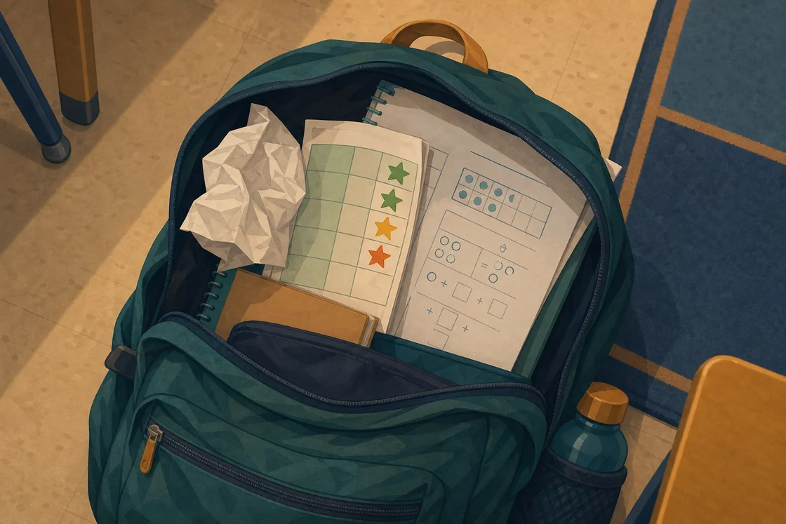 Flat-lay of school bag with attendance slip, behaviour chart, and maths worksheet spilling out.