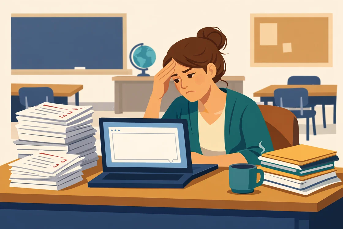 Teacher at desk surrounded by quizzes, looking frustrated at blank report comment box