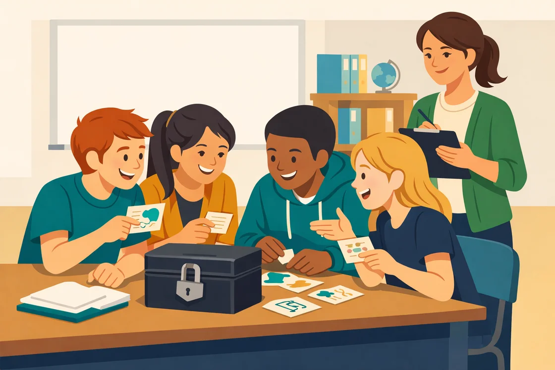 Students solving escape room puzzles together as teacher observes and takes notes