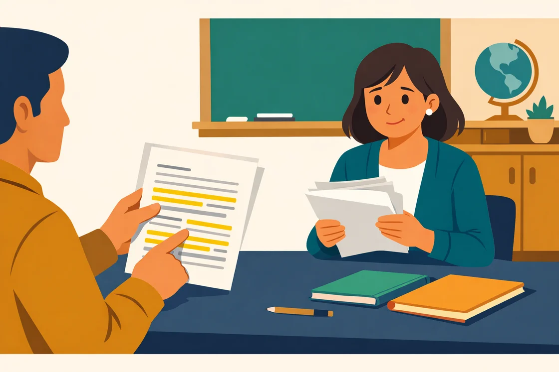 Parent pointing to highlighted student report while teacher looks anxious in a school meeting room.