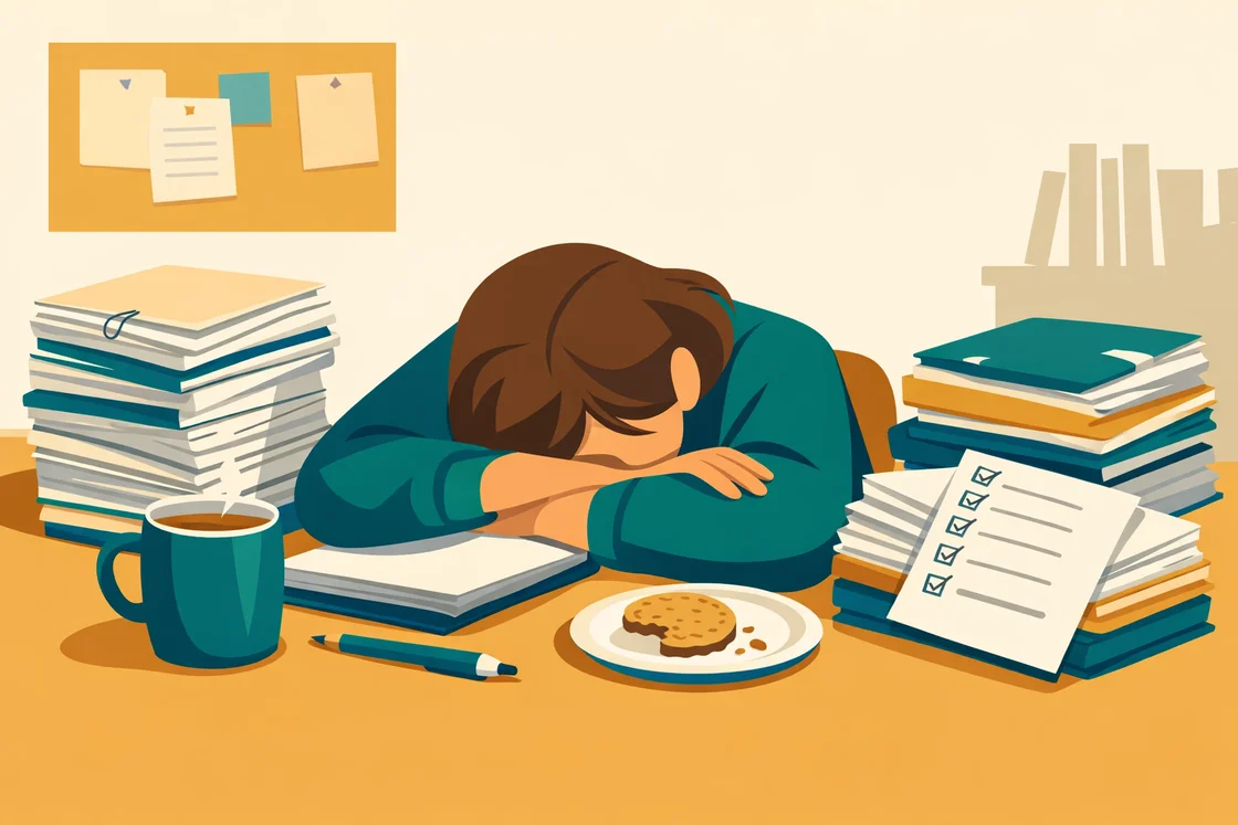 Exhausted teacher at messy desk with paperwork and half-eaten biscuit