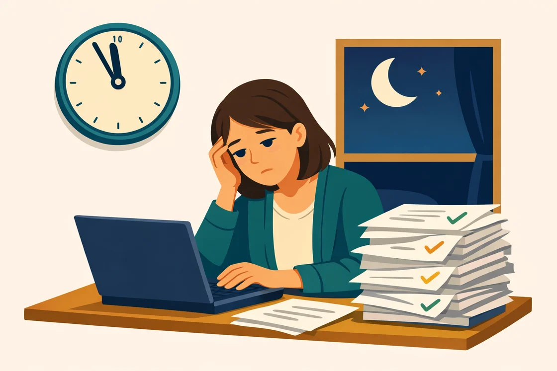 Teacher late at night copying support plan comments on laptop