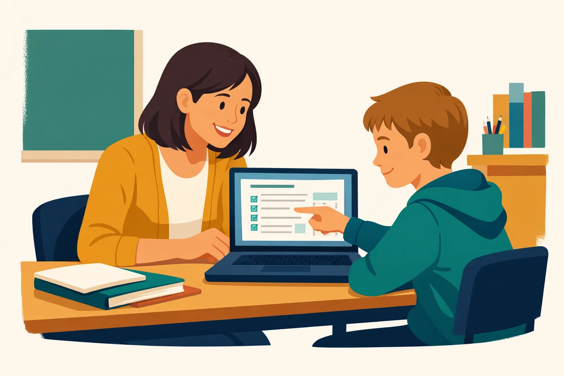 Teacher and student reviewing support plan together in classroom