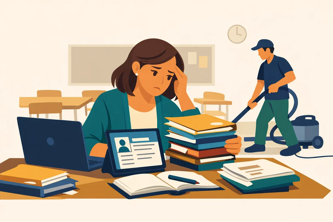 Teacher at desk after school, switching between laptop and folders, with cleaner in background