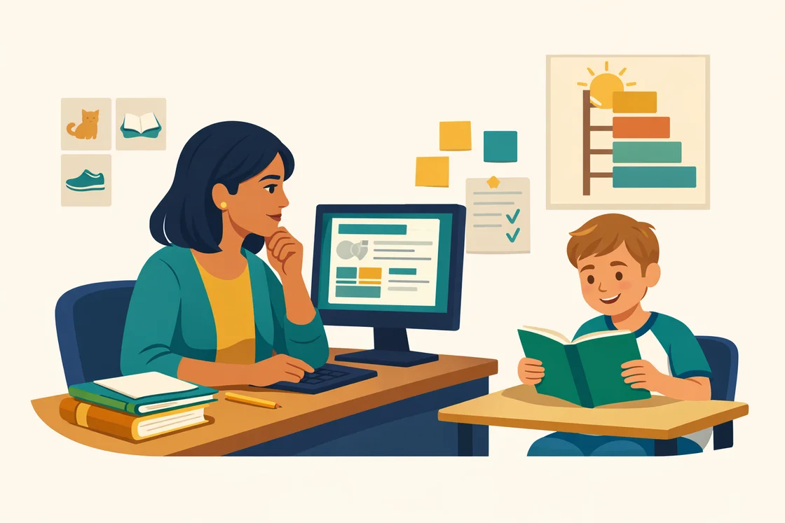 Teacher reviewing digital plan as student reads nearby with progress materials