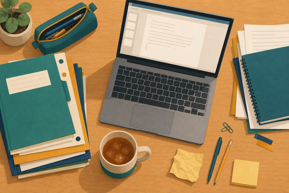 Overhead view of a teacher's messy staff room desk with folders, laptop, tea, and a note about an EHCP meeting.