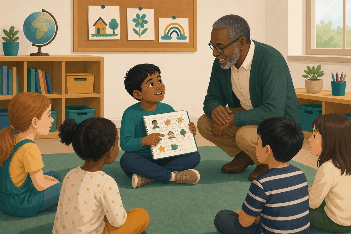 Classroom scene with a boy using a communication book to participate as a teacher encourages him.