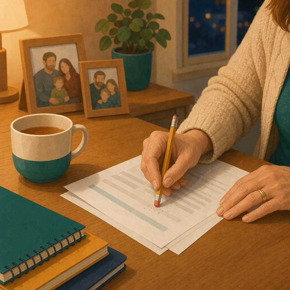 Teacher's hands erasing a comment from a report at a kitchen table in the evening.