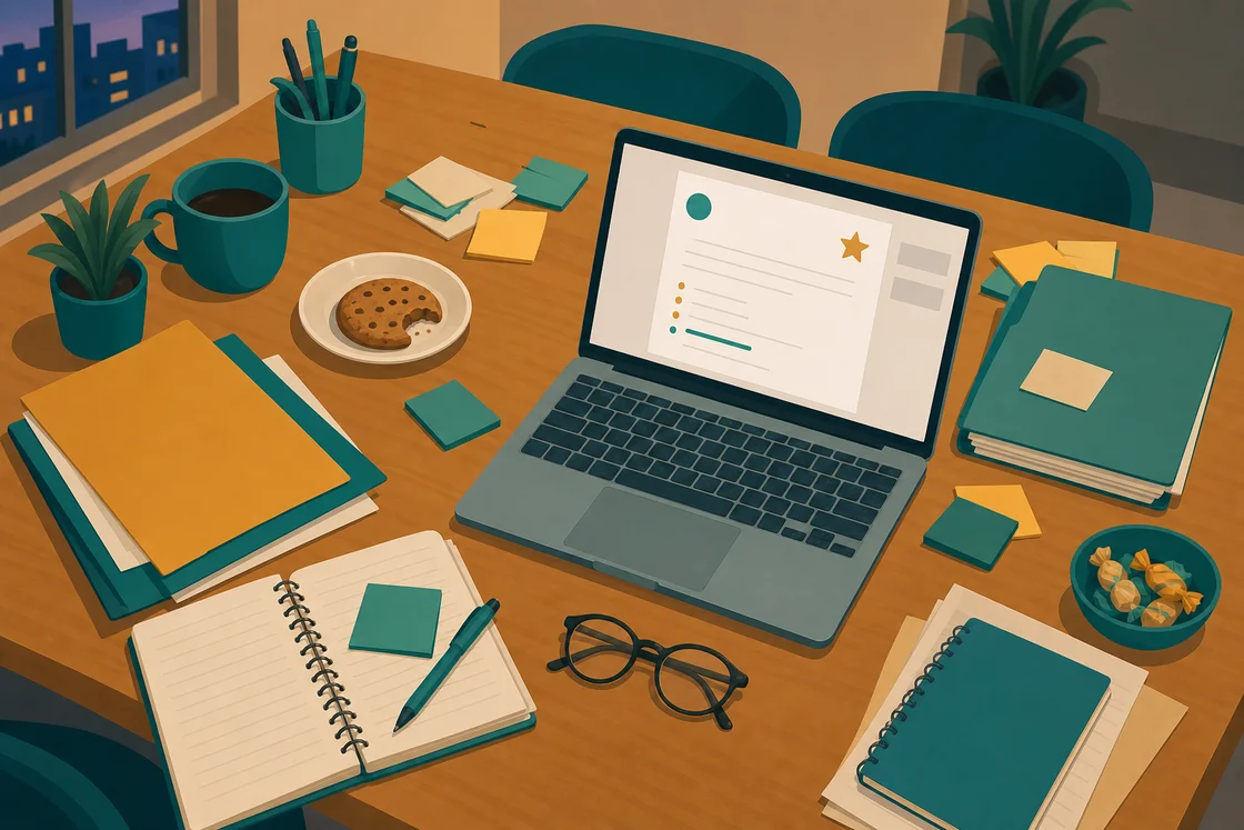 Cluttered staff room table with laptop, sticky notes, and glasses, showing the challenge of starting reports.