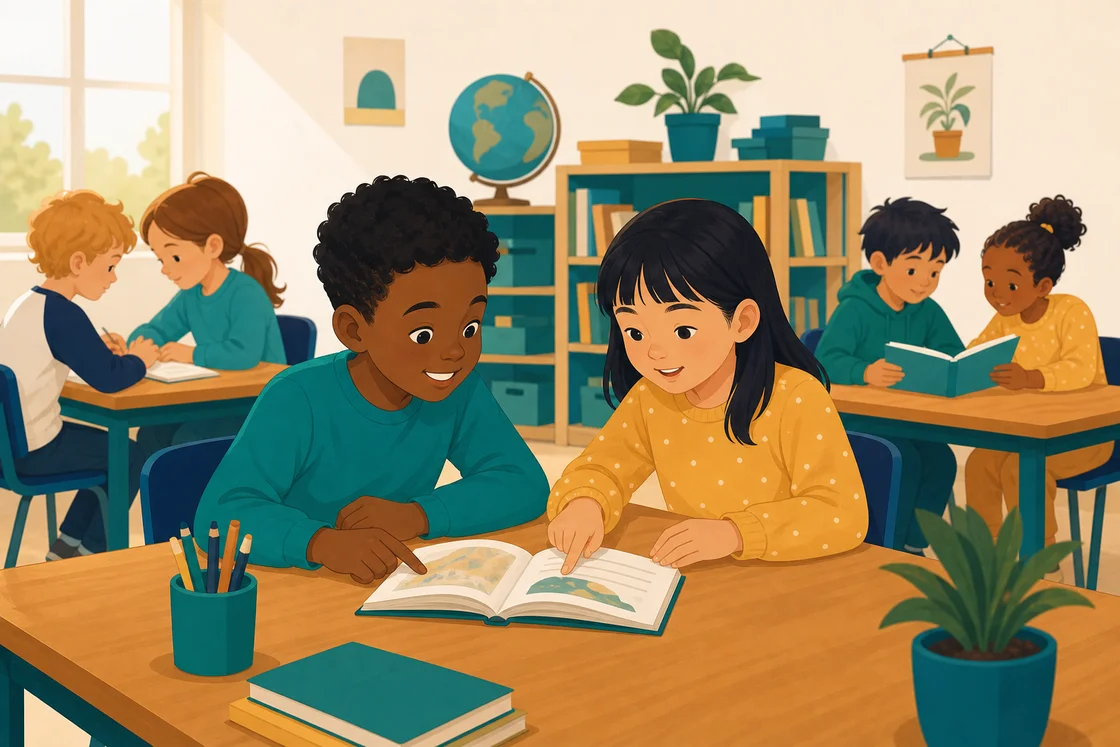 Two Year 3 pupils reading together at a table during a peer-assisted reading session in a busy classroom.