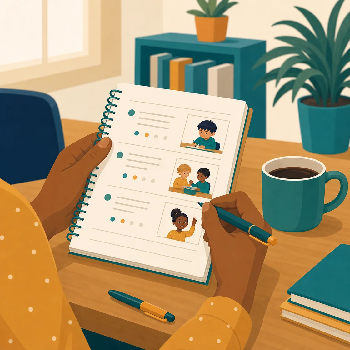 Teacher's hands holding a notebook with observation notes on a classroom desk.