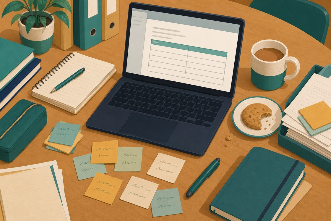 Teacher's staff room table with blank report, sticky notes, and tea mug