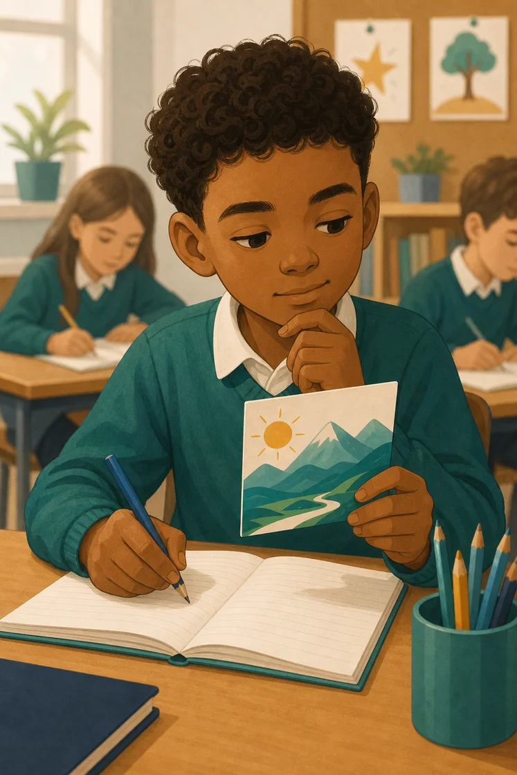 Year 5 boy writing reflections in classroom with prompt card
