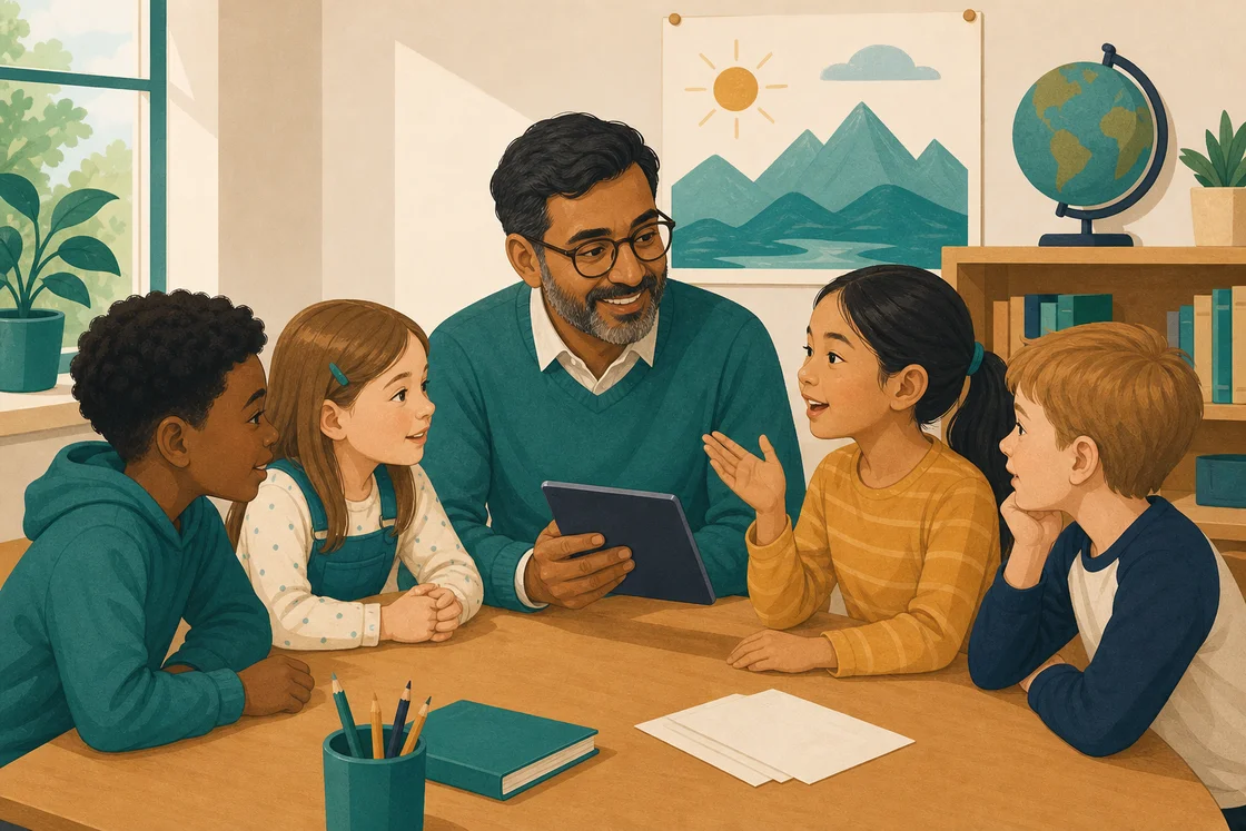 Teacher recording student voice note with group of children in classroom