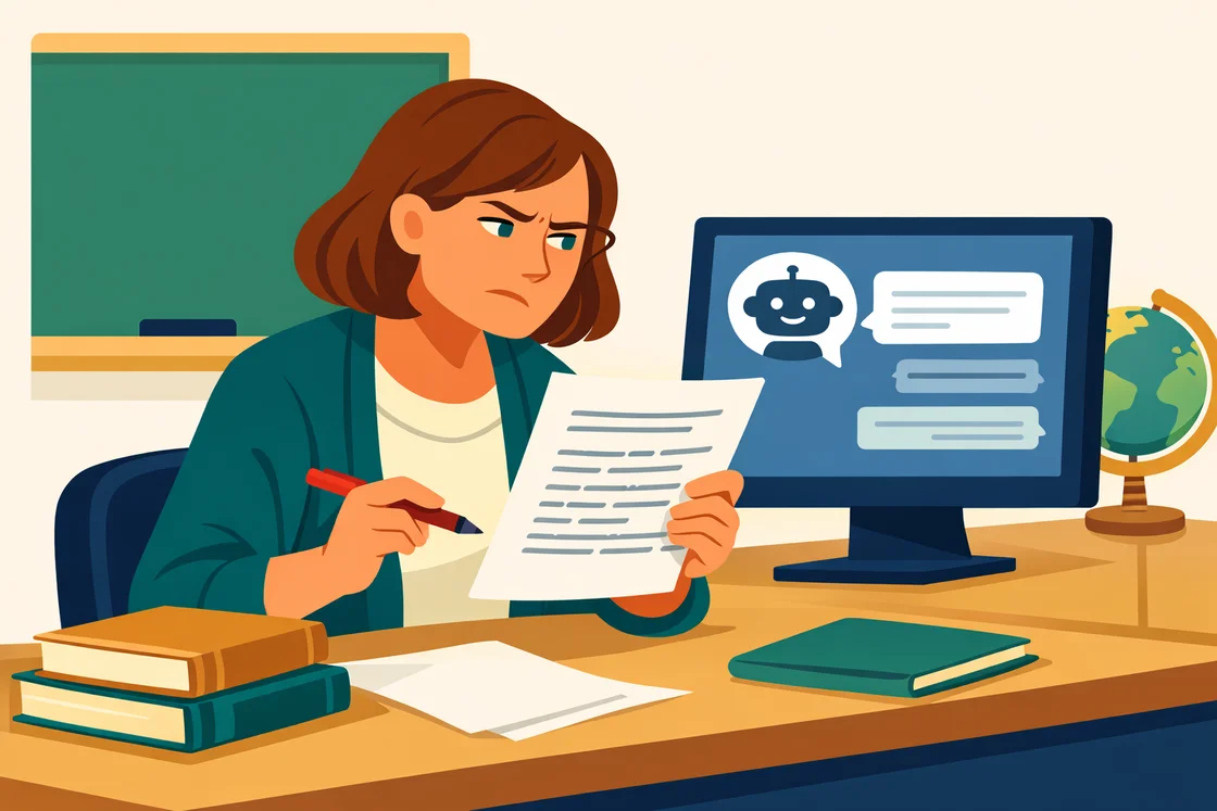 Teacher scrutinizing a student essay, looking uncertain, with a chatbot on her computer screen.