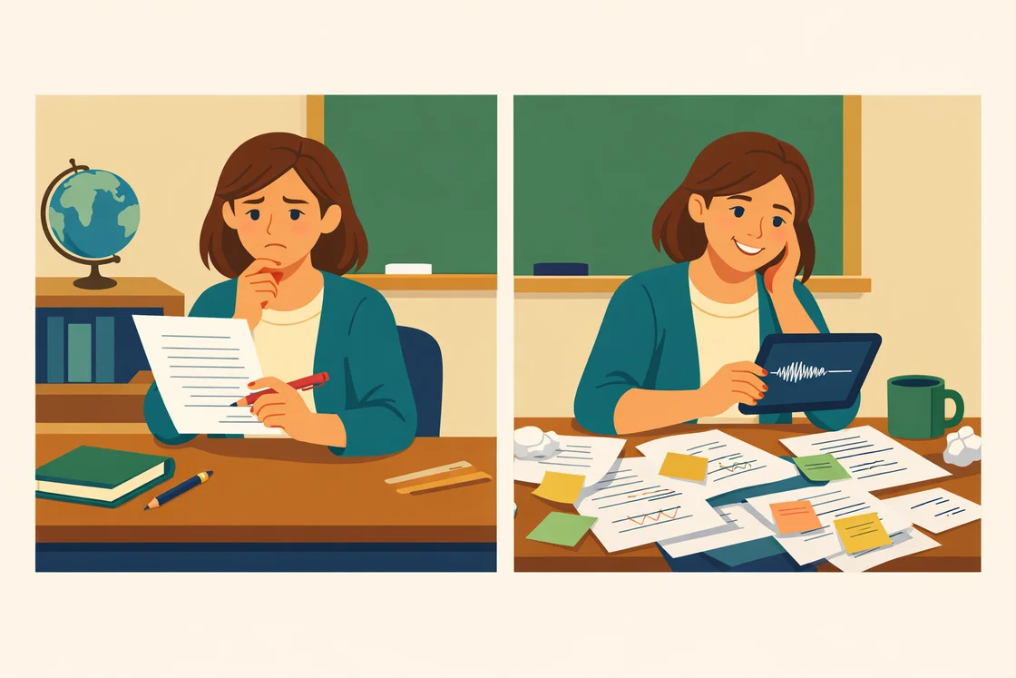 Split scene of a teacher marking a perfect essay versus reviewing a student's drafts and notes.
