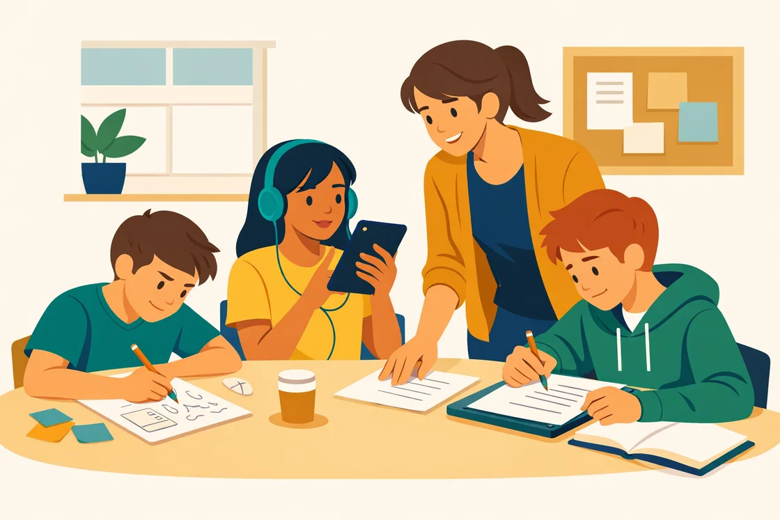 Students working on brainstorming, voice notes, and drafts with teacher giving feedback.